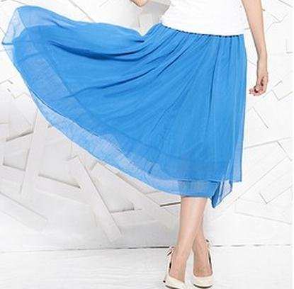 淘宝网天猫商城韩版女装_夏季大码纯蓝色雪纺半身中长款一片单裙